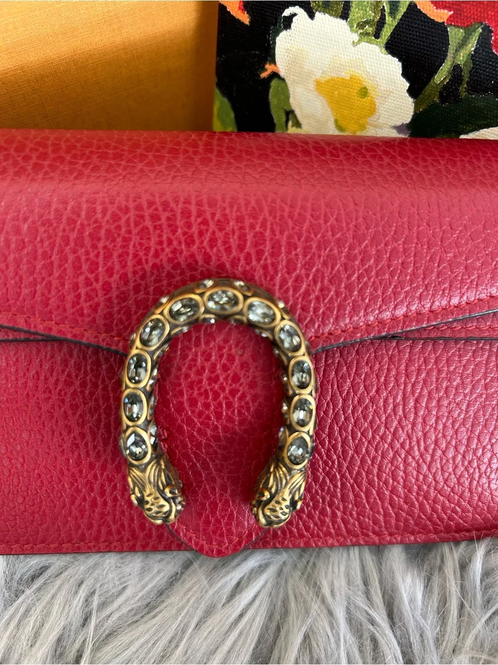 Red Leather Shoulder Bag with Decorative Gold Accent - Picture 2 of 5